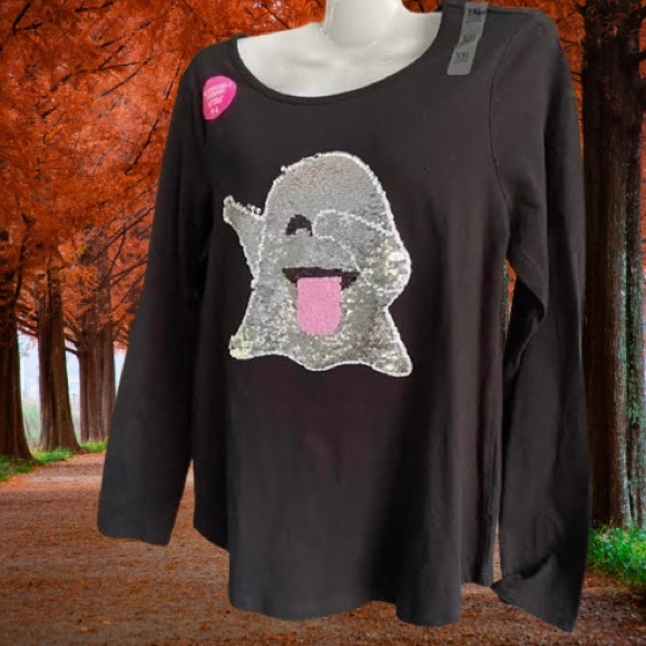 Girls Sequin Halloween Ghost Long Sleeve Shirt Place - Picture 16 of 16